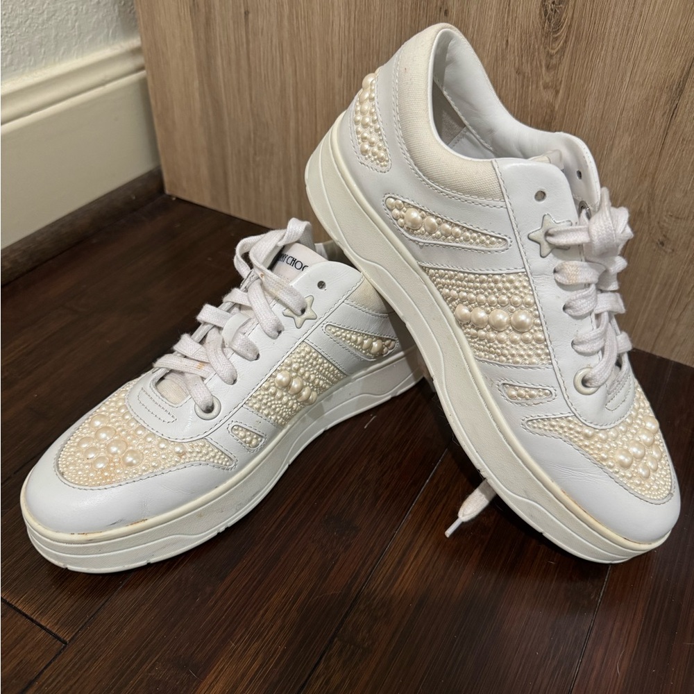 Jimmy Choo White Pearl Embellished Sneakers